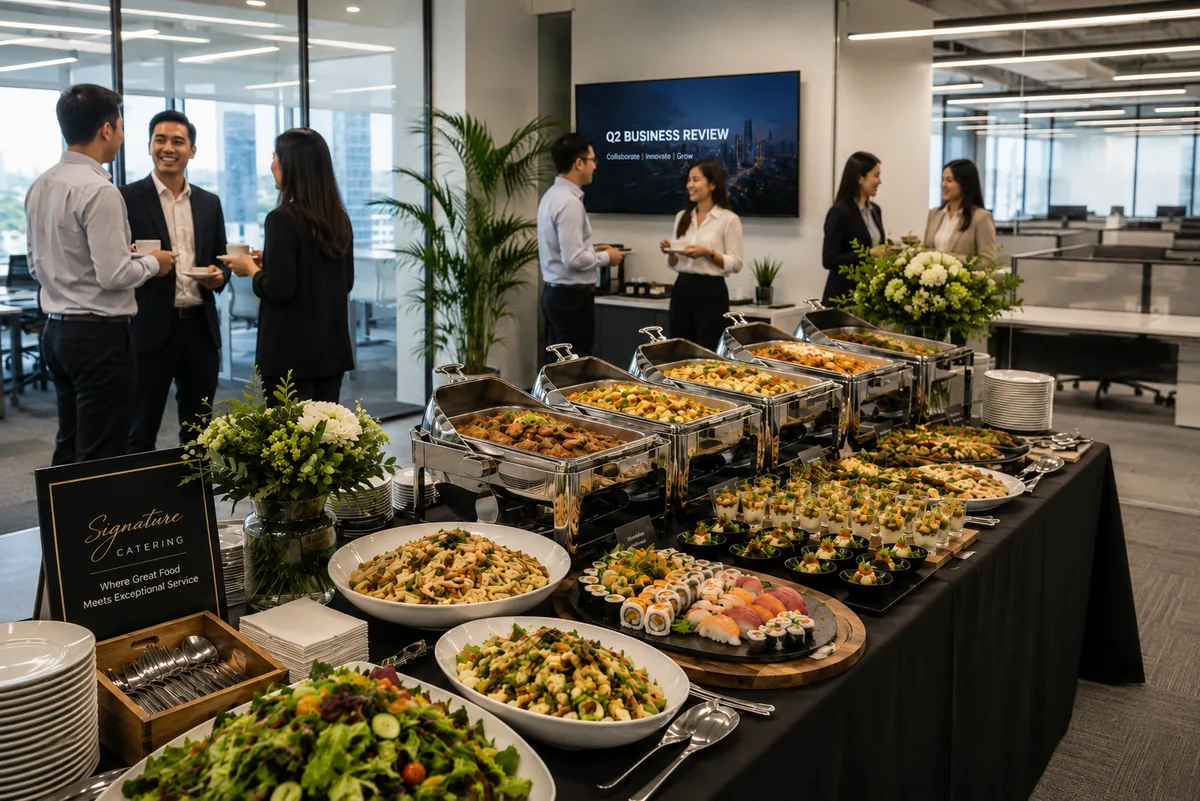 Buffet set up along an office wall during a corporate business review