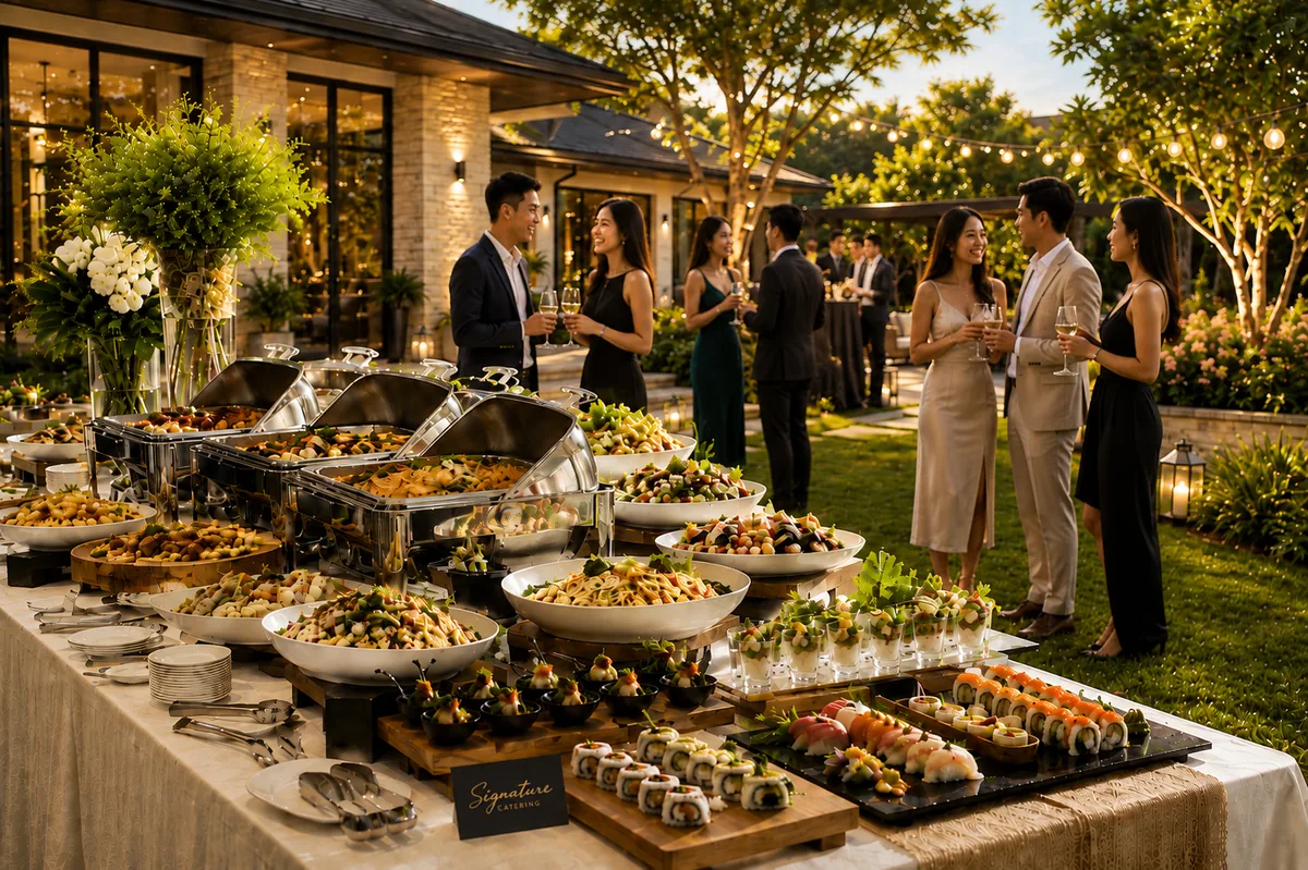 Guests at an evening garden reception beside a Signature Catering buffet