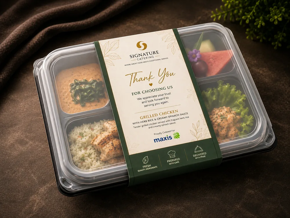 Individually packed meal in Signature Catering packaging co-branded with Maxis