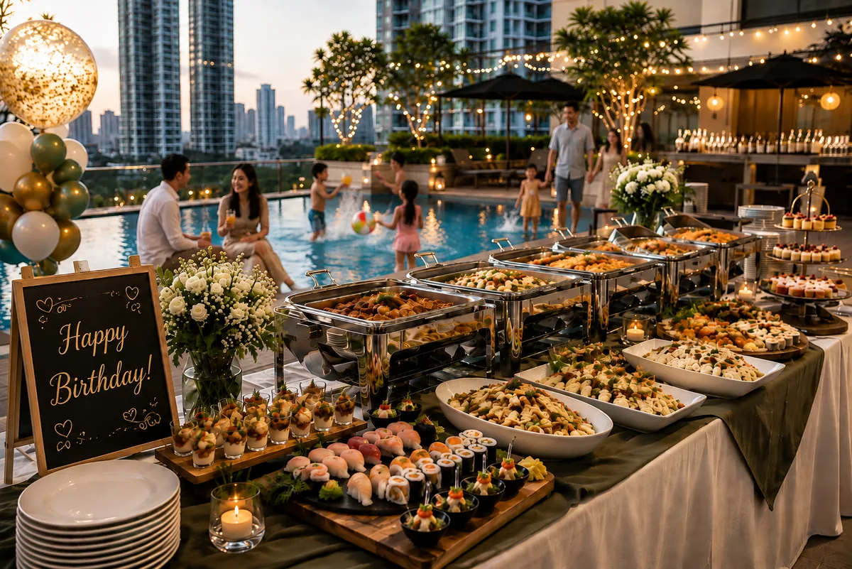 Poolside birthday celebration with a catered spread